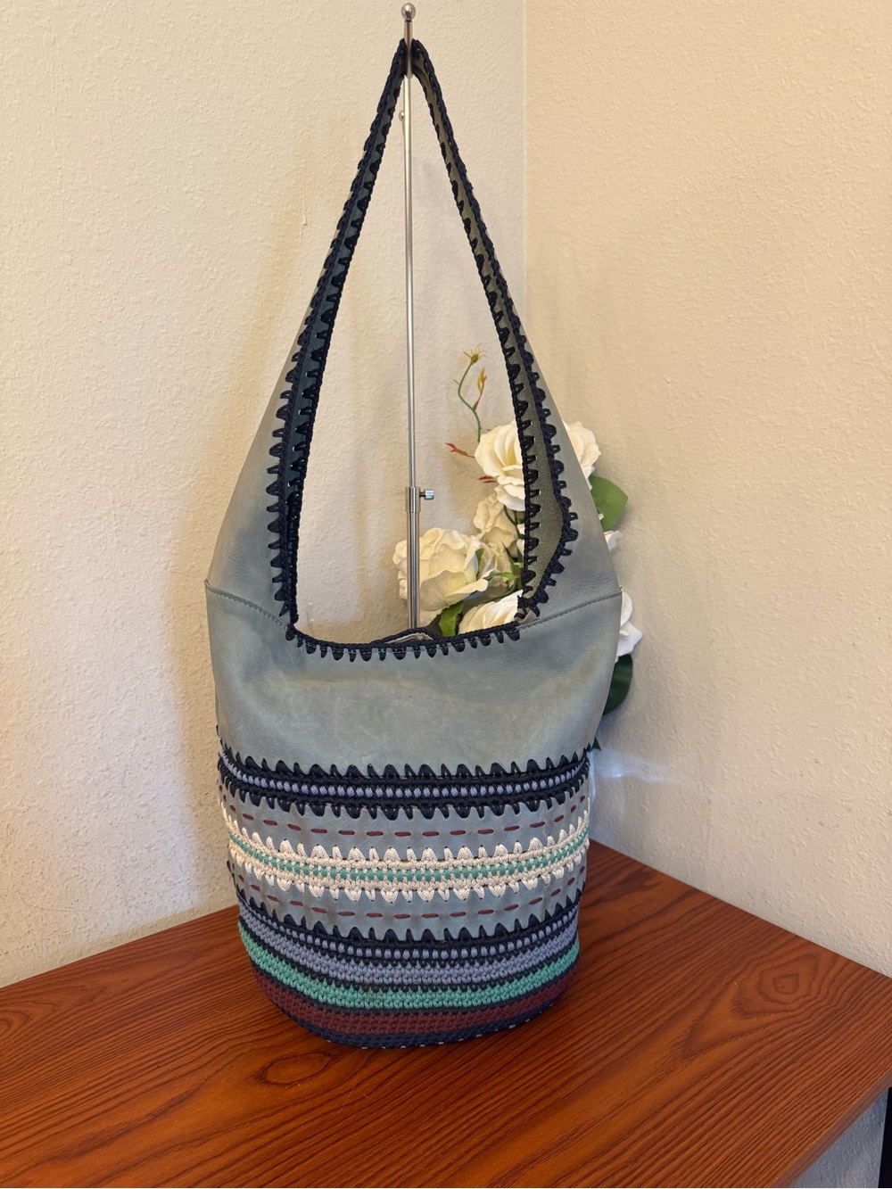 Sundance Gray and Multicolor Crochet-Trim Hobo Shoulder Bag